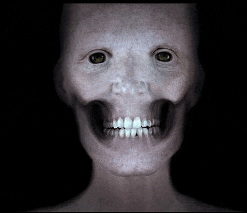 a close up of a person 's face with a skull and teeth .