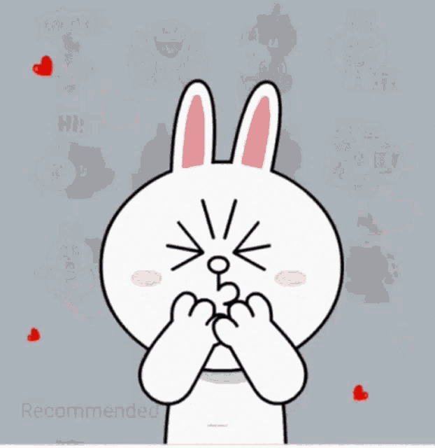 a cartoon rabbit covering its face with its hands surrounded by red hearts and the words " reloaded " on the bottom