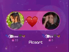a purple background with two girls and the word picsart on the bottom