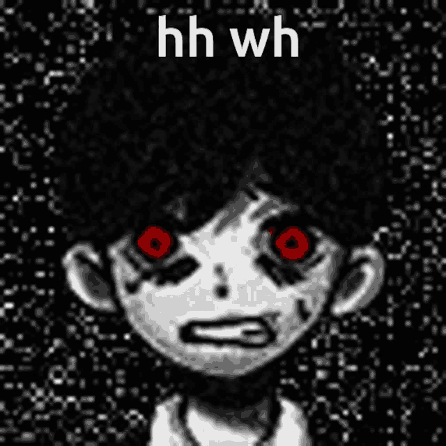 a black and white drawing of a person with red eyes and the words hh wh