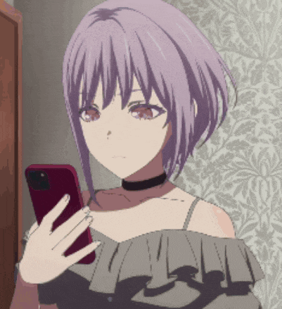 a girl with purple hair is holding a cell phone in her hand