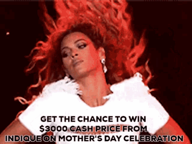 a picture of a woman with red hair and the words get the chance to win $ 3000 cash price from indicue on mother 's day