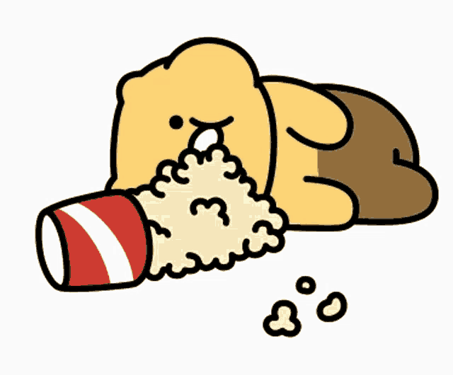 a cartoon of a bear laying down with a cup of popcorn in its mouth