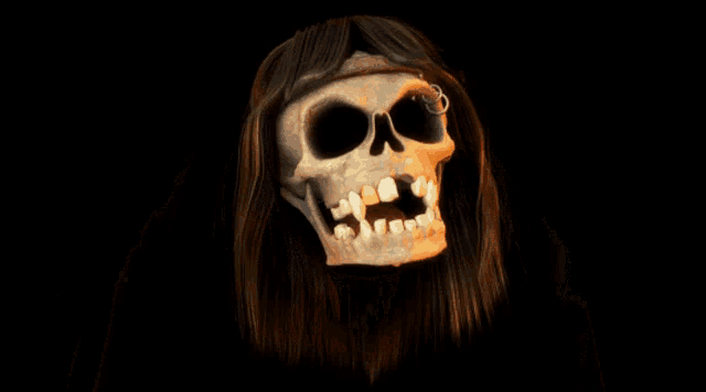 a cartoon of a skeleton with long hair making a horns sign