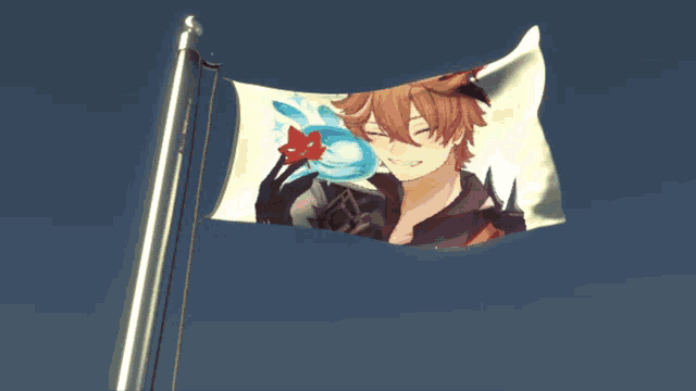 a flag with a picture of a man holding a blue star