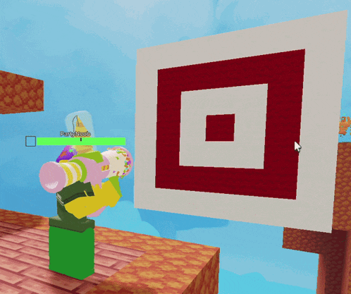a person in a video game is standing in front of a target that says party mack on it