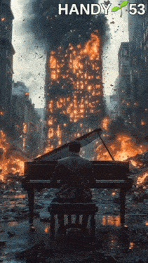 a man is playing a piano in front of a burning building with the number 53 on the bottom