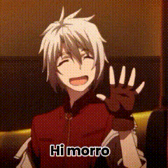 a cartoon character with white hair and a red jacket is waving his hand .