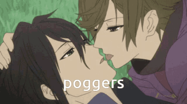 a couple of anime characters kissing with the word poggers in the background