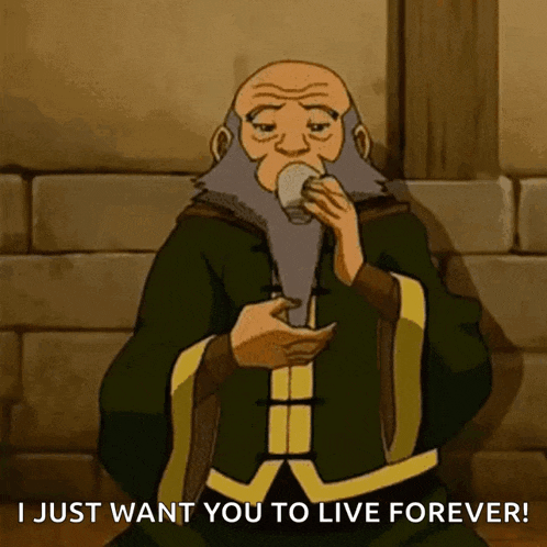 a man with a beard is drinking a cup of tea and says i just want you to live forever .