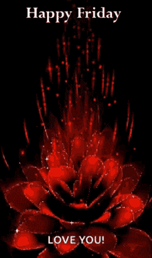 a happy friday greeting card with a red flower on a black background