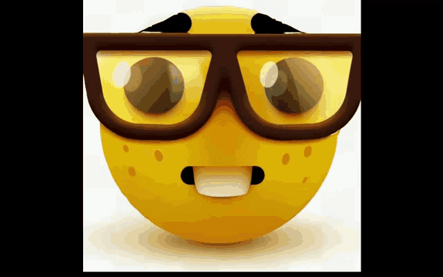 a cartoon smiley face wearing glasses with a surprised look on its face