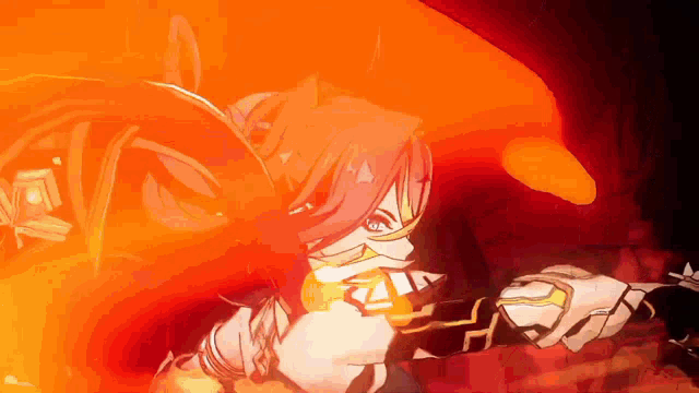 a woman with red hair is holding a sword in her hand