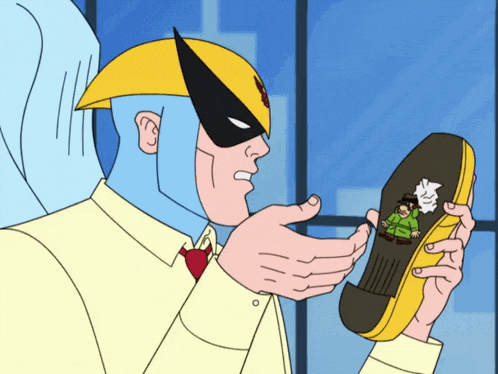 a cartoon of a man in a hawkman costume holding a pair of shoes