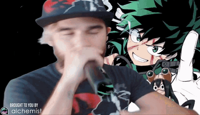 a man is singing into a microphone in front of a picture of a anime character