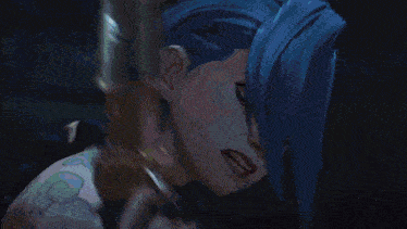 a cartoon character with blue hair and red eyes