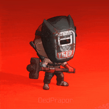 a cartoon drawing of a man wearing a welding helmet and holding a hammer