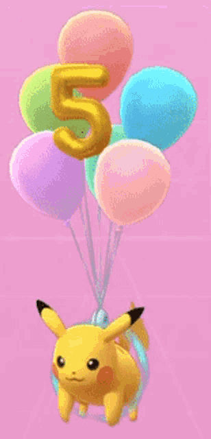 a pikachu is hanging from a bunch of colorful balloons with the number 5 on it
