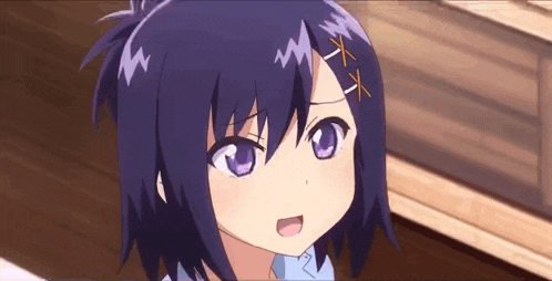 a close up of a purple haired anime girl with purple eyes .