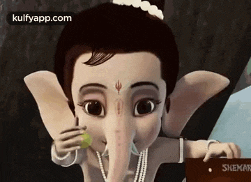 a cartoon of a baby ganesha with a pearl necklace eating a lemon .