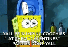 a cartoon of spongebob squarepants standing next to a blue urinal .
