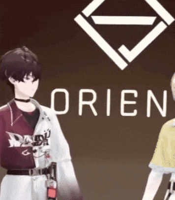 a couple of anime characters standing in front of a sign that says orient