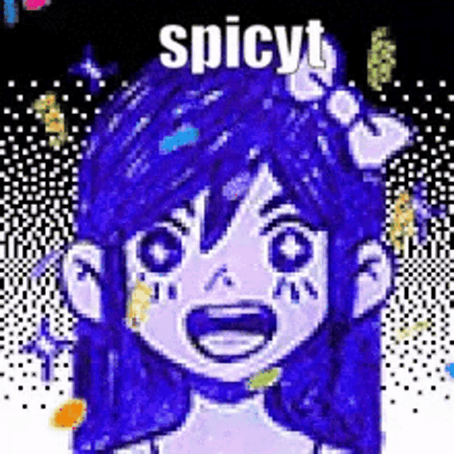a pixel art of a girl with blue hair and a flower in her hair with the words spicyt written on it .