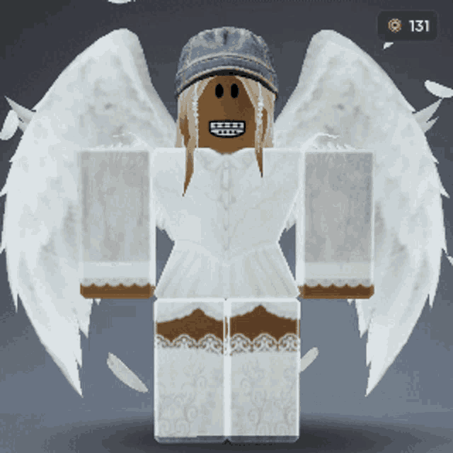 a cartoon character with white wings is wearing a white dress and a blue hat