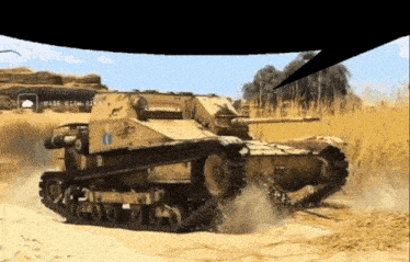 a tank is driving through a field with the words made with risk visible