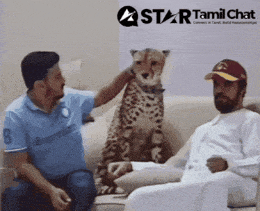 two men petting a cheetah on a couch with a star tamil chat logo
