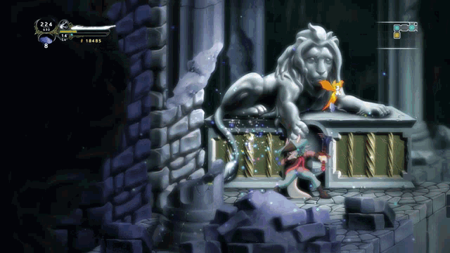 a video game screen shows a statue of a lion with a sword in its mouth