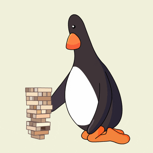 a penguin is stacking wooden blocks on top of each other