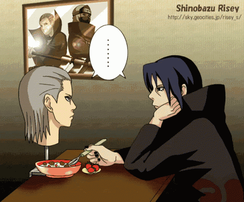 a cartoon of a man sitting at a table with a bowl of food and a speech bubble that says shinobaru rise