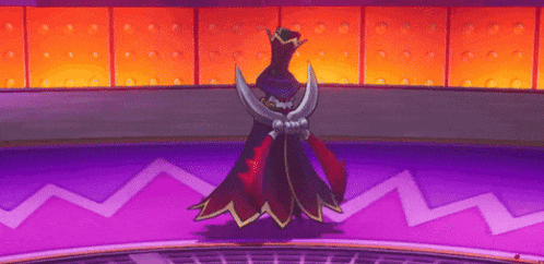 a cartoon character is standing in a room with a purple and orange background