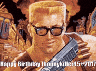 a man wearing sunglasses is holding a gun and says happy birthday