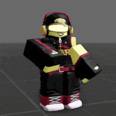a roblox character wearing headphones and a hat is standing on a tile floor .