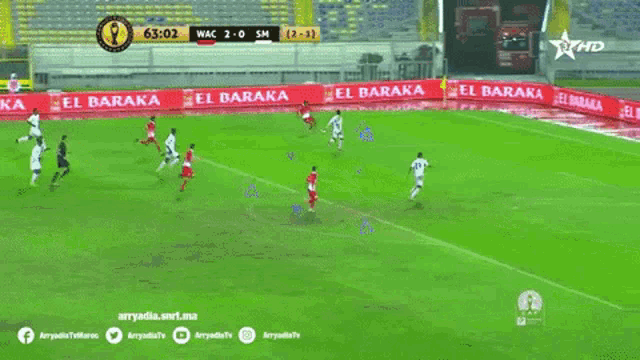 a soccer game is being played on a tv screen and the score is wac 2-0 sm