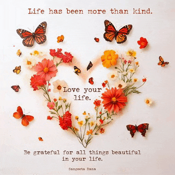 a heart made of flowers and butterflies with a quote by sangeeta rana