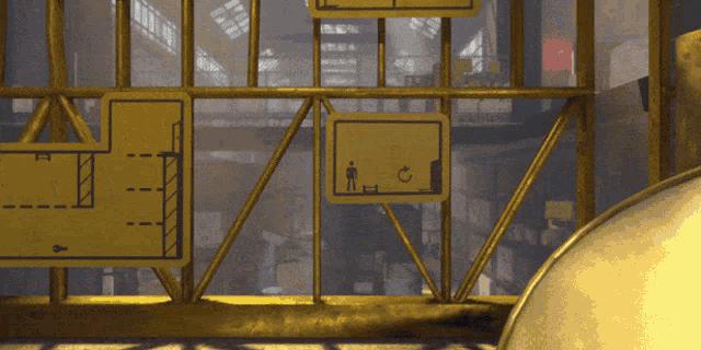 a drawing of a man standing in a room with a yellow sign that says ' a ' on it
