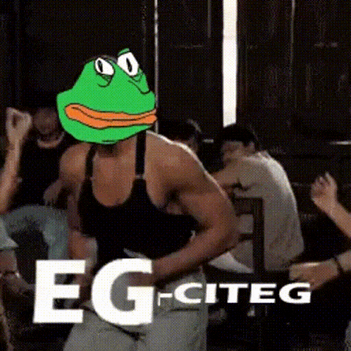 a man with a green frog on his head is dancing in front of a group of people with eg-citeg written in white