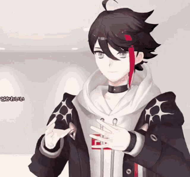 a boy with black hair and red streaks is wearing a choker and a jacket .