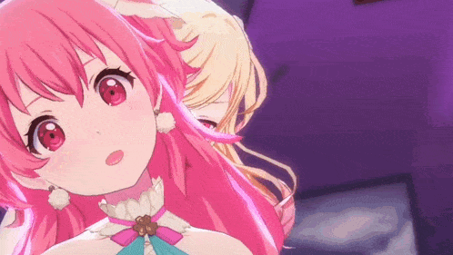 a close up of two anime girls with pink hair