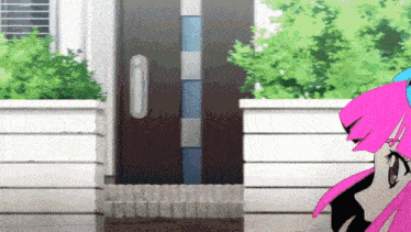 a girl with pink hair is standing in front of a black door