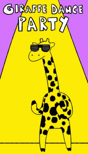 a poster for a giraffe dance party with a giraffe wearing sunglasses on a yellow background
