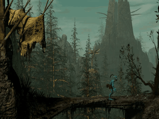 a cartoon drawing of a monster standing on a bridge in the middle of a forest
