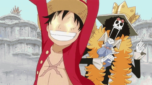 a cartoon of luffy and brook with their arms up