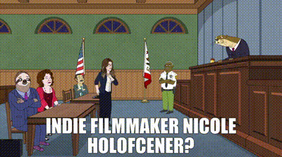 a cartoon of people in a courtroom with the words indie filmmaker nicole holofcener below them