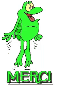 a green frog is giving a thumbs up and the word merci is below it .