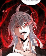 a man with long hair and red eyes is talking with a speech bubble in front of him .