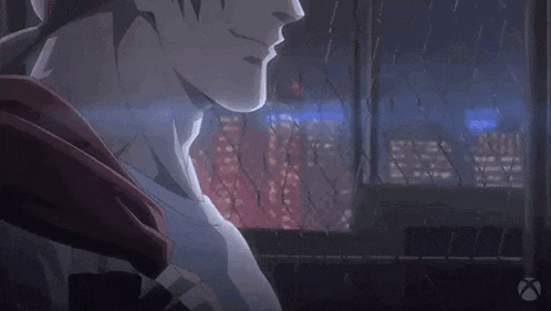 a close up of a man 's face in a video game with a city in the background .